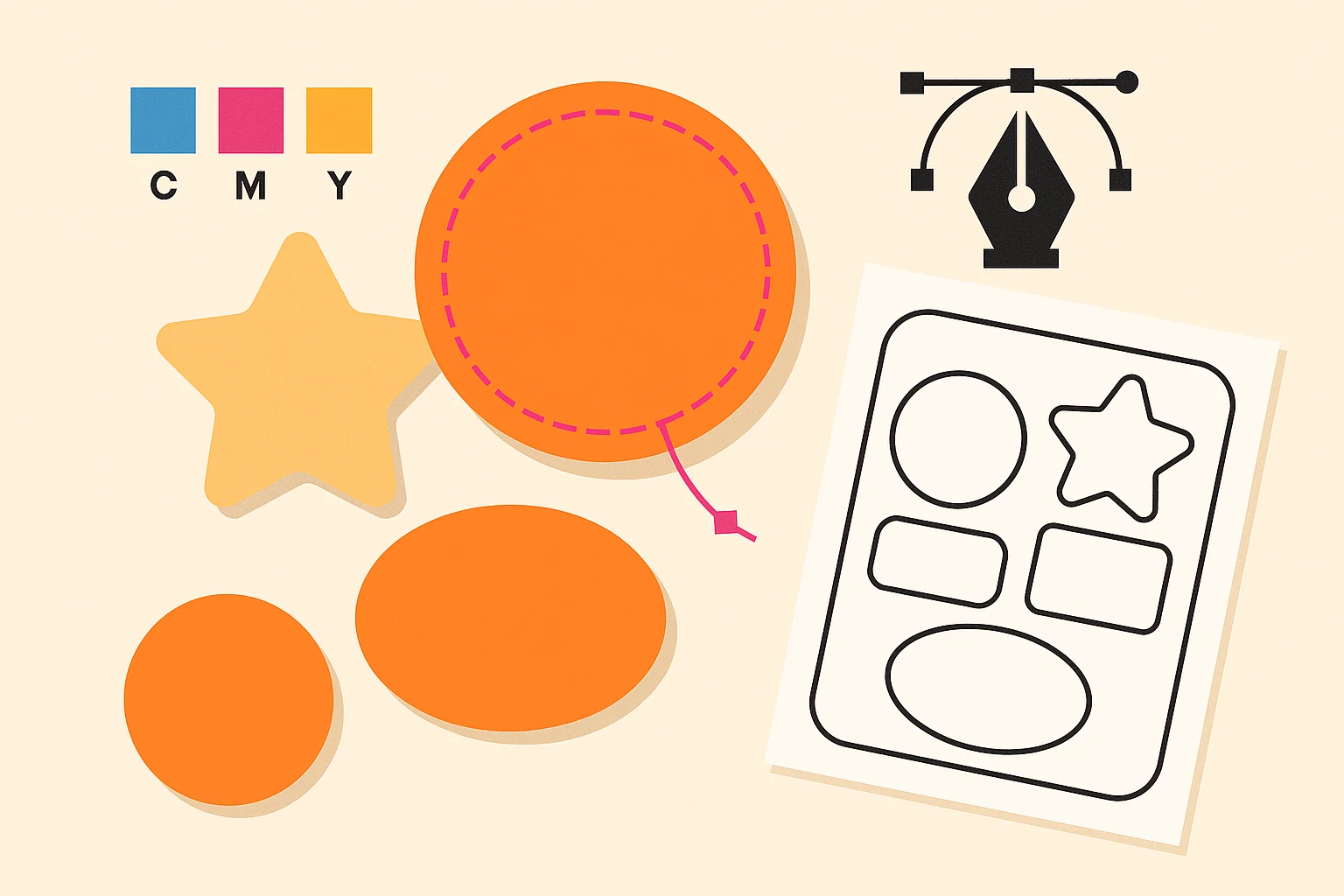 Graphic design for sticker businesses in 2026 — flat-vector hero showing print-ready sticker artwork, cut path overlay, CMYK swatches, and DigitalPolo brand context