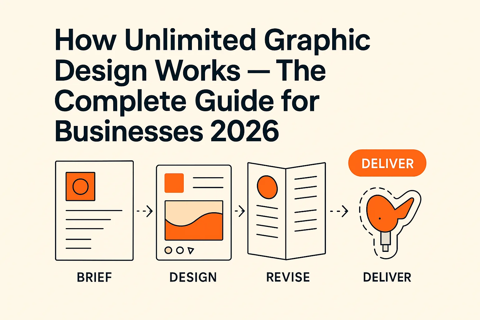 How unlimited graphic design works in 2026 — DigitalPolo hero illustration showing a continuous design queue of brand identity, social post, brochure, sticker and enamel pin deliverables labelled BRIEF, DESIGN, REVISE and DELIVER, the flat-fee subscription pipeline that replaces freelance and in-house design